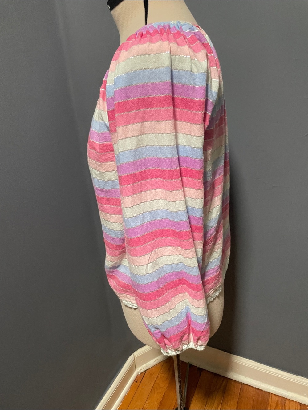 J. Crew Pink Multicolor Striped Tie-Front Peasant Top Size-Small NWOT - Picture 6 of 9